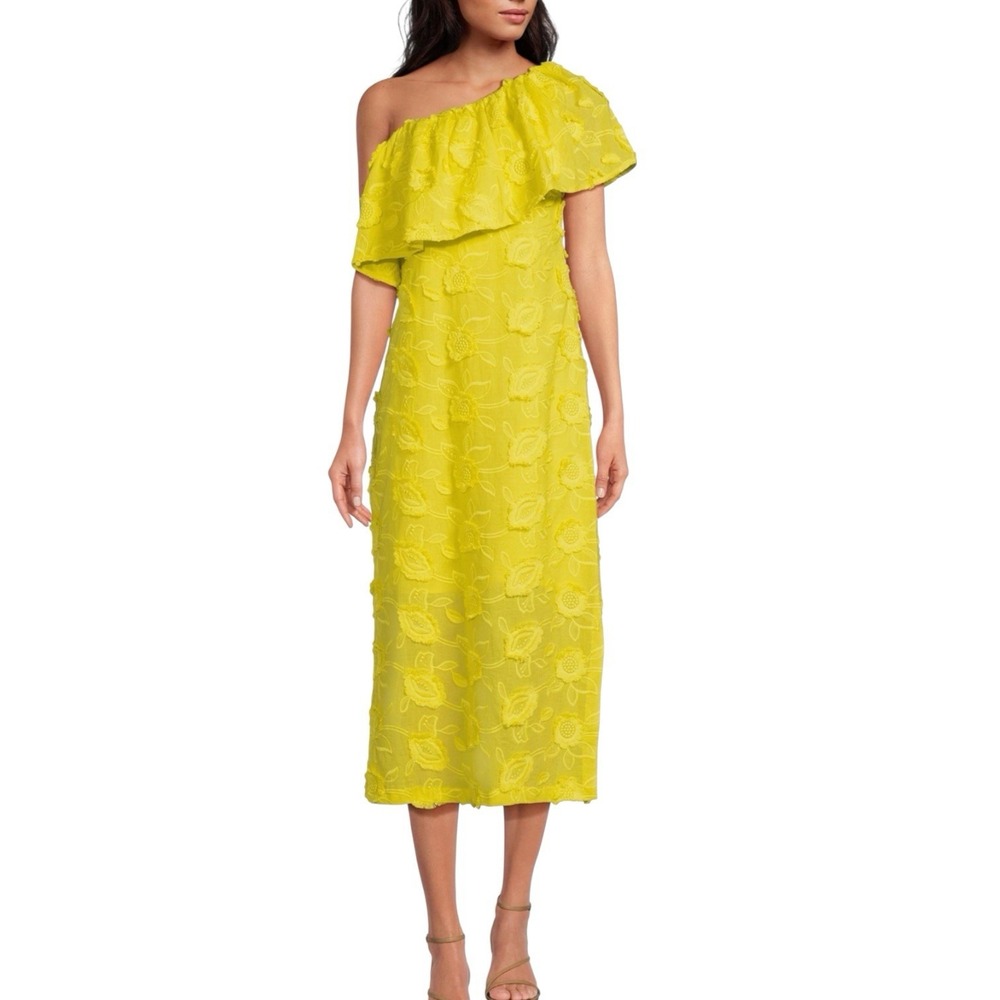 Abbey‎ Glass Sutton Lace 3D Floral Ruffle One Shoulder Midi Dress XL Yellow Boho